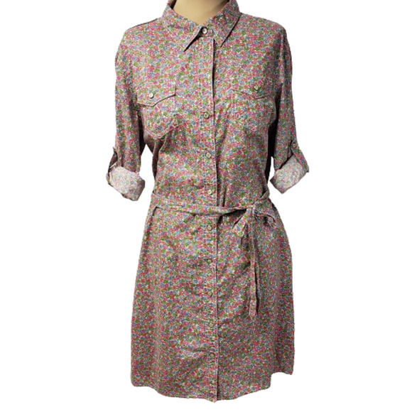 Tommy Hilfiger Dresses & Skirts - SOLD Tommy Hilfiger Floral Shirt Roll Up Sleeve Sash Snap Button Shirt Dress